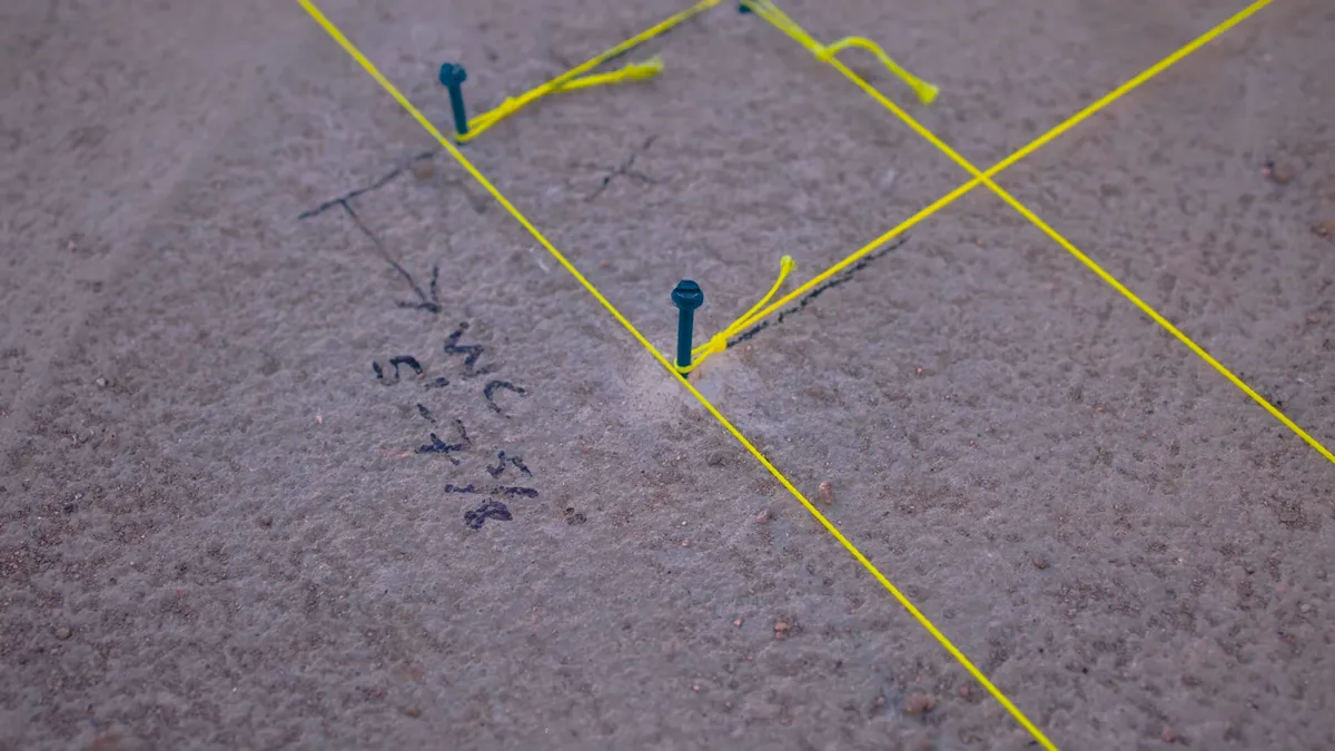 Floor markings and locating pins identifying buried plumbing under a slab during leak detection in surprise, az
