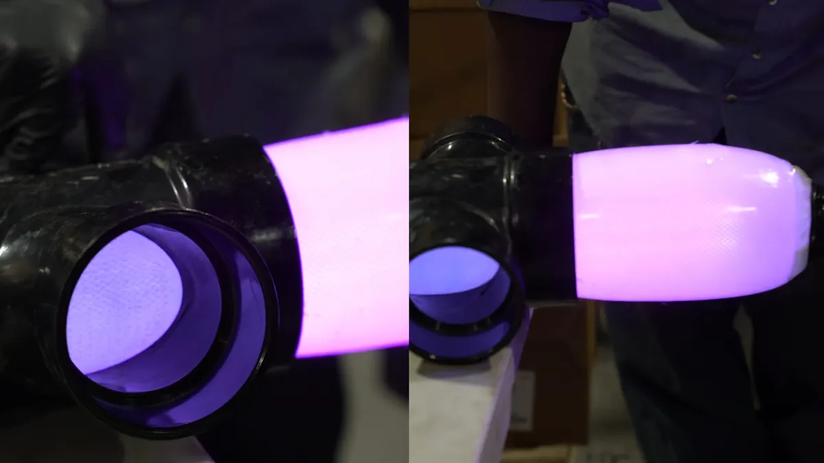 UV-cured liner section glowing inside trenchless pipe-repair equipment during trenchless sewer repair in surprise, az